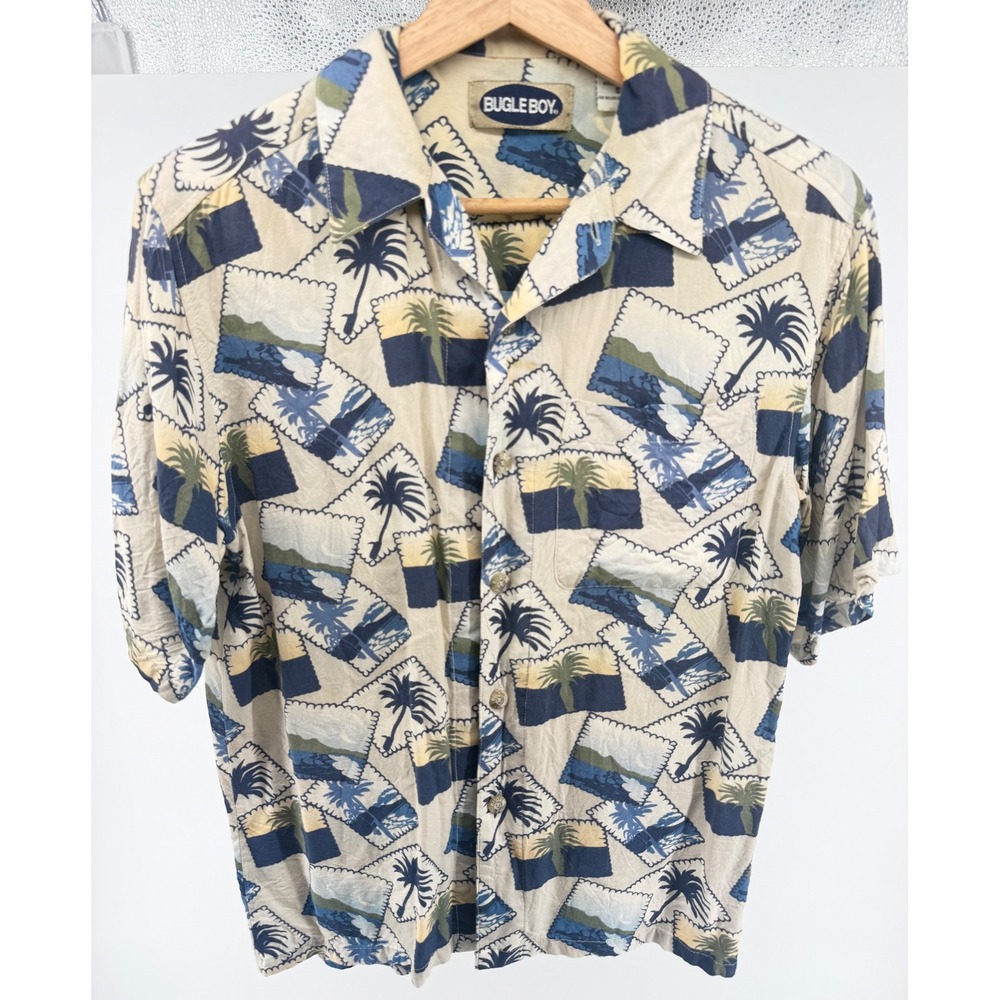 Vintage Bugle Boy Men's Short Sleeve Button Up Hawaiian Shirt Palm Tree Small